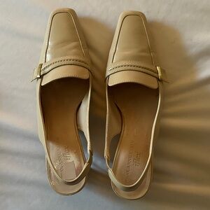Anne Klein Beige Leather Slingback Loafers with Gold Accent